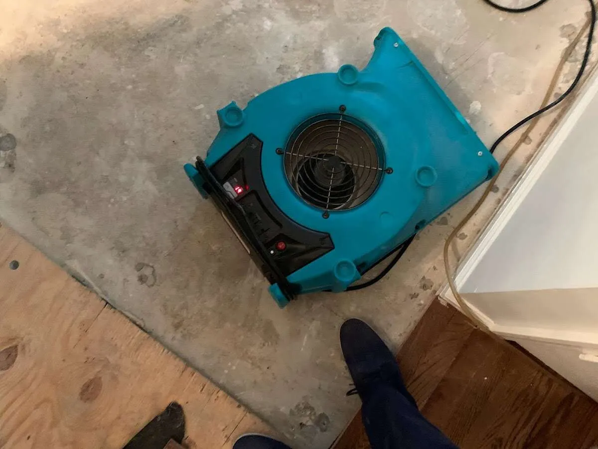 Air mover drying subfloor during Commercial Water Damage Restoration in Middlesborough